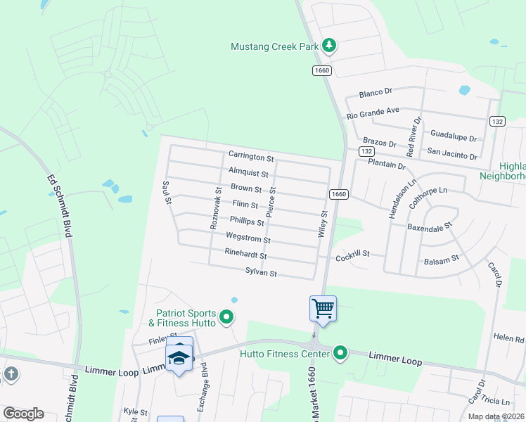 map of restaurants, bars, coffee shops, grocery stores, and more near 203 Flinn Street in Hutto