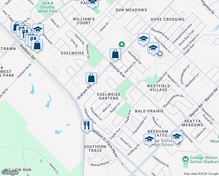 map of restaurants, bars, coffee shops, grocery stores, and more near 3706 Essen Loop in College Station