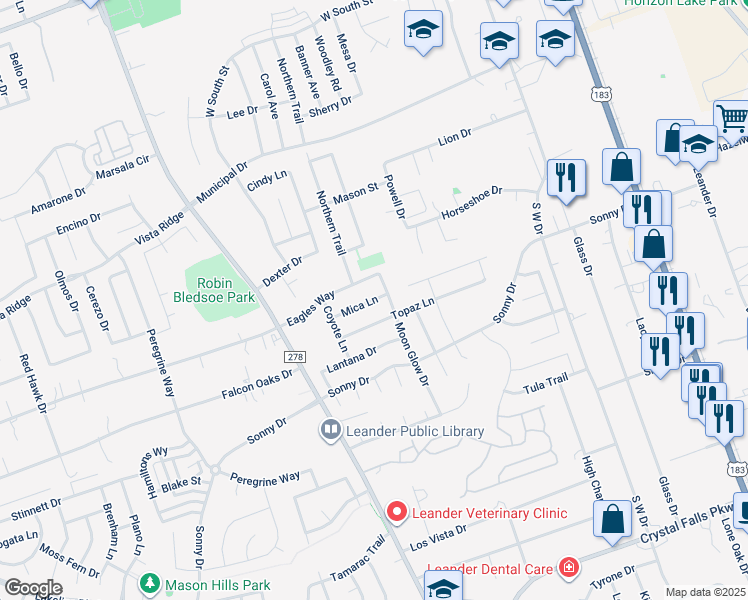 map of restaurants, bars, coffee shops, grocery stores, and more near 813 Mica Lane in Leander