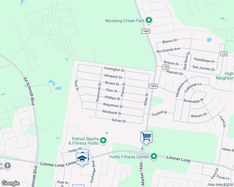 map of restaurants, bars, coffee shops, grocery stores, and more near 207 Flinn Street in Hutto