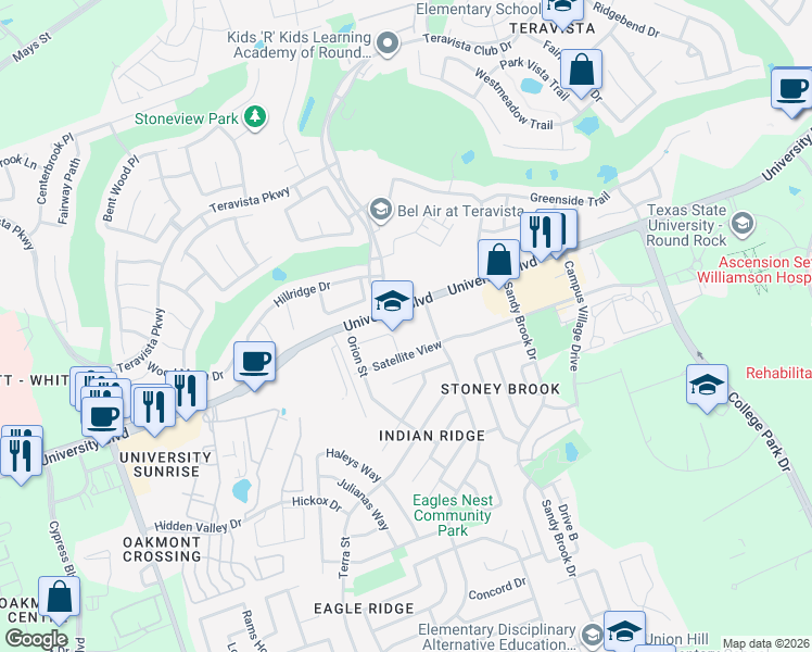 map of restaurants, bars, coffee shops, grocery stores, and more near 4010 Eagles Nest Street in Round Rock