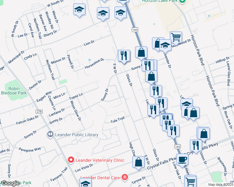 map of restaurants, bars, coffee shops, grocery stores, and more near 1100 Canadian Cove in Leander