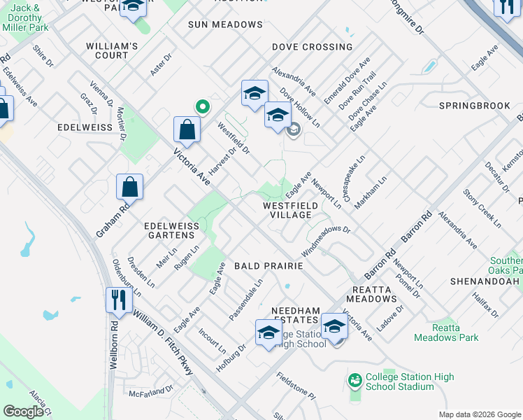 map of restaurants, bars, coffee shops, grocery stores, and more near 3806 Snowdance Court in College Station
