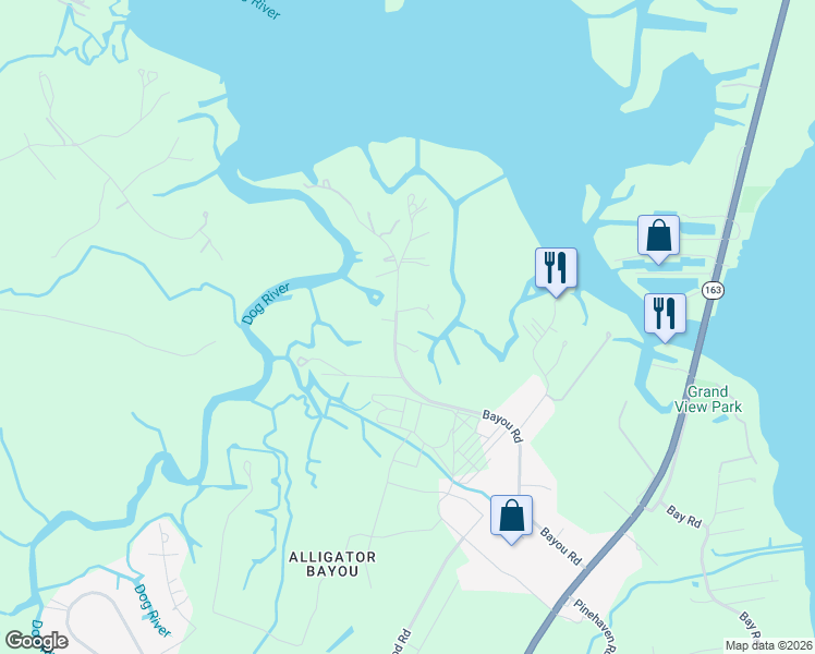 map of restaurants, bars, coffee shops, grocery stores, and more near 6035 Bayou Rd in Mobile