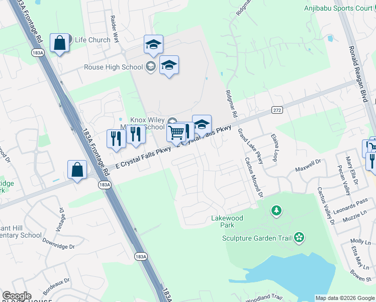 map of restaurants, bars, coffee shops, grocery stores, and more near 10824 East Crystal Falls Parkway in Leander