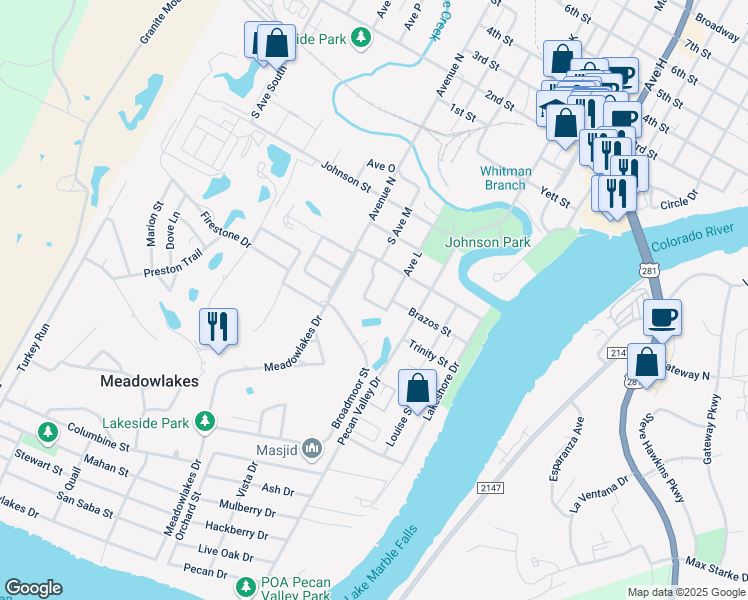 map of restaurants, bars, coffee shops, grocery stores, and more near 111 Meadowlakes Drive in Meadowlakes