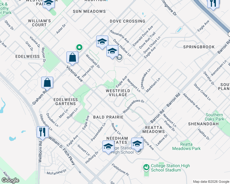 map of restaurants, bars, coffee shops, grocery stores, and more near 3817 Night Rain Drive in College Station