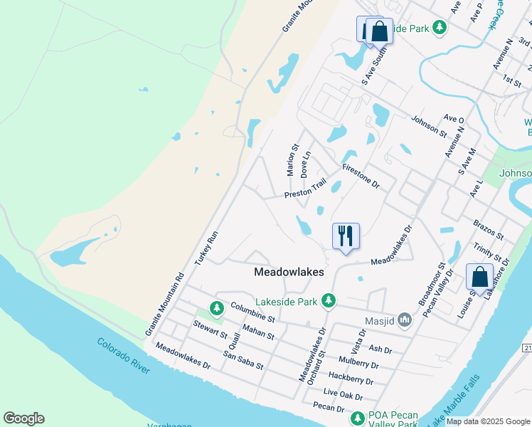 map of restaurants, bars, coffee shops, grocery stores, and more near 415 Saint Andrews Street in Meadowlakes