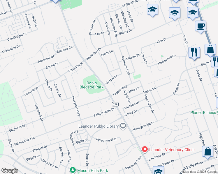 map of restaurants, bars, coffee shops, grocery stores, and more near 660 South Bagdad Road in Leander