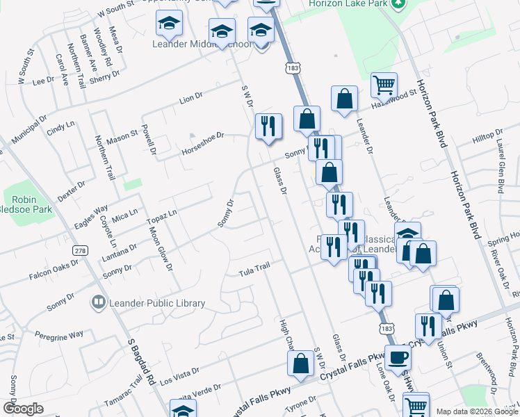 map of restaurants, bars, coffee shops, grocery stores, and more near 912 Mallard Lake Tr in Leander