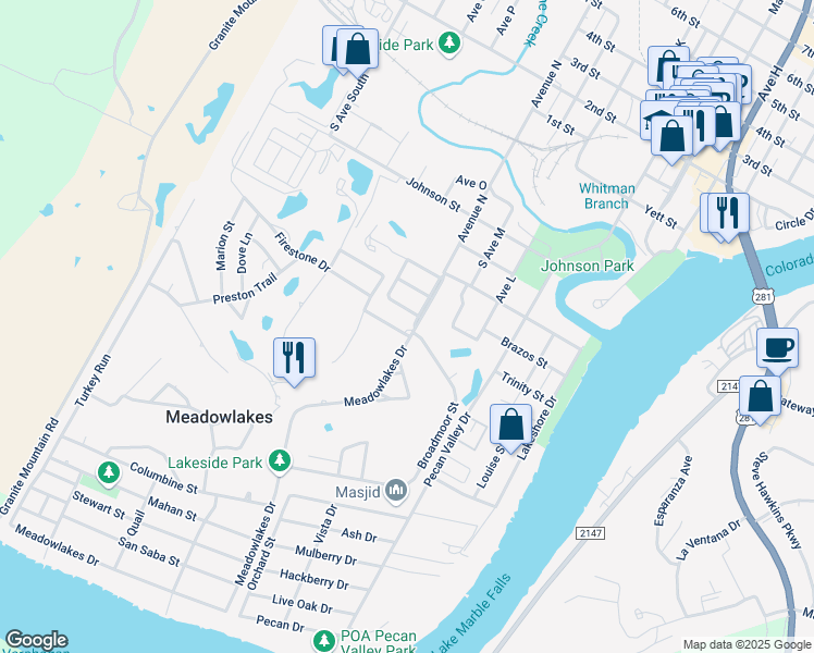 map of restaurants, bars, coffee shops, grocery stores, and more near 202 Firestone Drive in Meadowlakes
