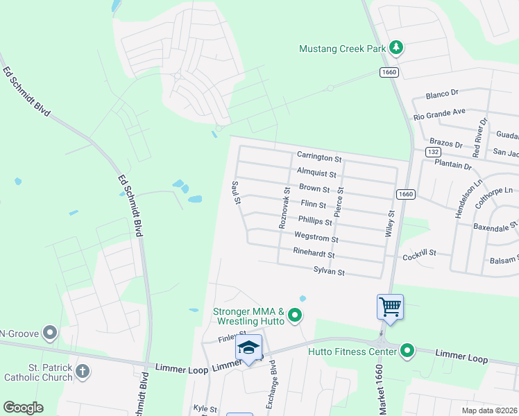 map of restaurants, bars, coffee shops, grocery stores, and more near 318 Phillips Street in Hutto