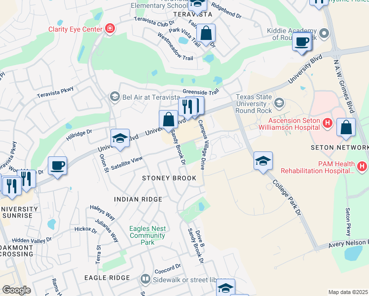 map of restaurants, bars, coffee shops, grocery stores, and more near 1203 Satellite View in Round Rock