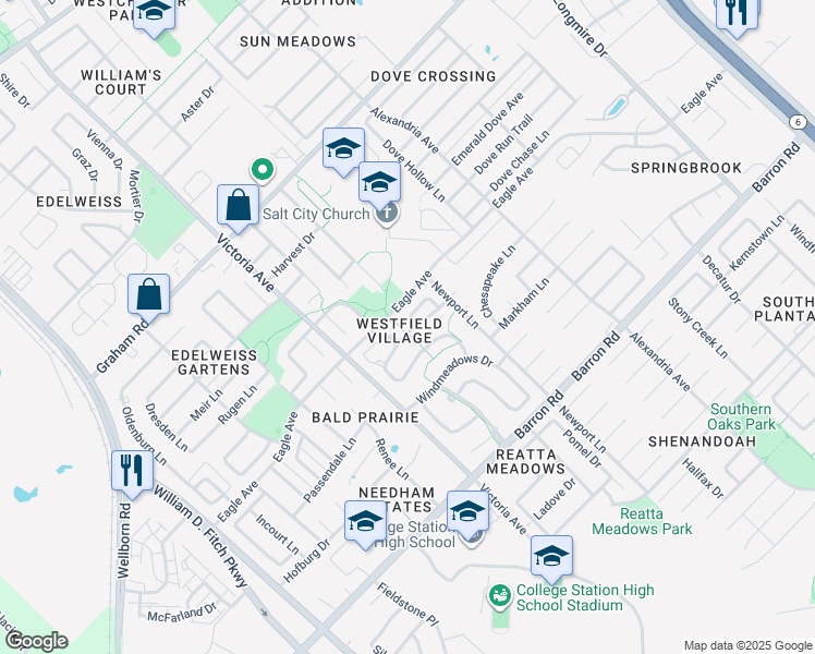 map of restaurants, bars, coffee shops, grocery stores, and more near 1001 Fallbrook Loop in College Station