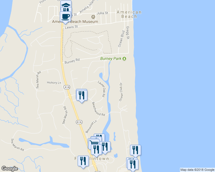map of restaurants, bars, coffee shops, grocery stores, and more near 33 Laurel Oak Road in Fernandina Beach