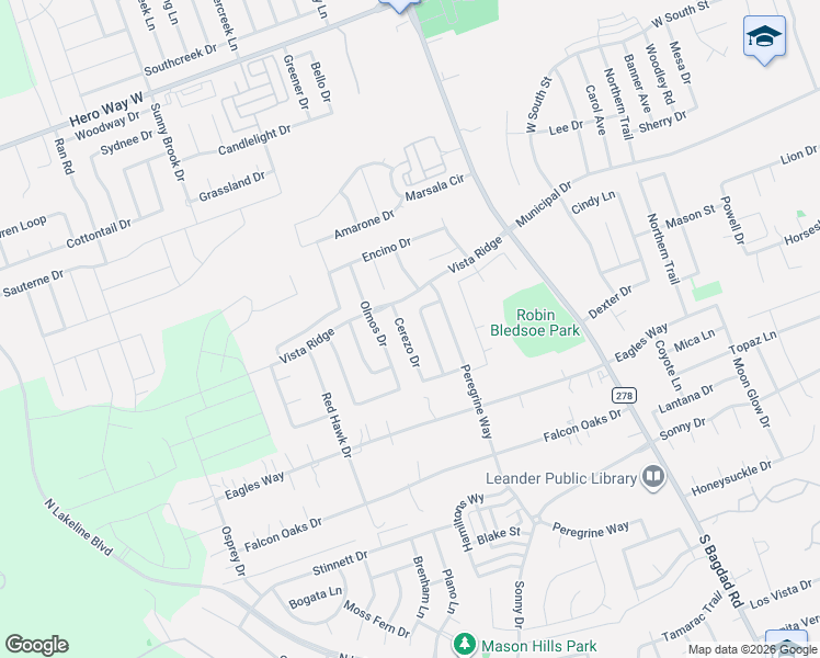 map of restaurants, bars, coffee shops, grocery stores, and more near 520 Cerezo Drive in Leander
