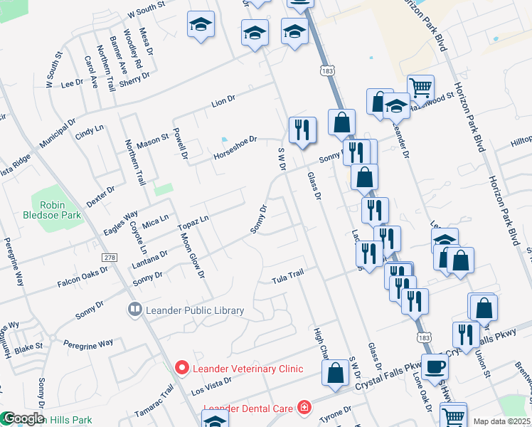 map of restaurants, bars, coffee shops, grocery stores, and more near 1203 Canadian Cove in Leander