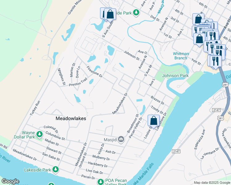 map of restaurants, bars, coffee shops, grocery stores, and more near 211 Firestone Drive in Meadowlakes