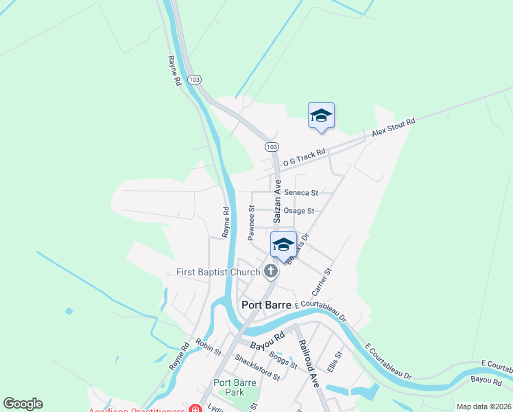 map of restaurants, bars, coffee shops, grocery stores, and more near 107 Osage Street in Port Barre