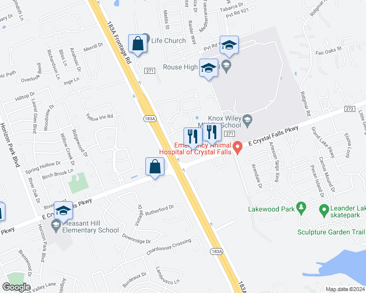 map of restaurants, bars, coffee shops, grocery stores, and more near 7748 183A Frontage Road in Cedar Park