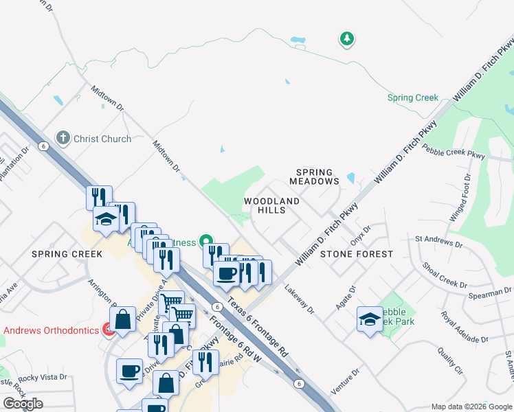 map of restaurants, bars, coffee shops, grocery stores, and more near 4411 Woodland Ridge Dr in College Station
