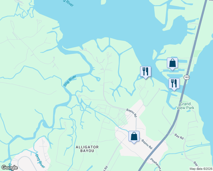 map of restaurants, bars, coffee shops, grocery stores, and more near 6035 Bayou Road in Mobile
