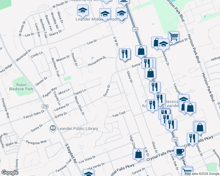 map of restaurants, bars, coffee shops, grocery stores, and more near 1203 Canadian Cove in Leander