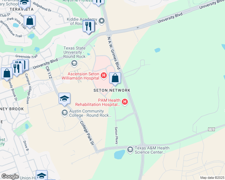 map of restaurants, bars, coffee shops, grocery stores, and more near 301 Seton Parkway in Round Rock