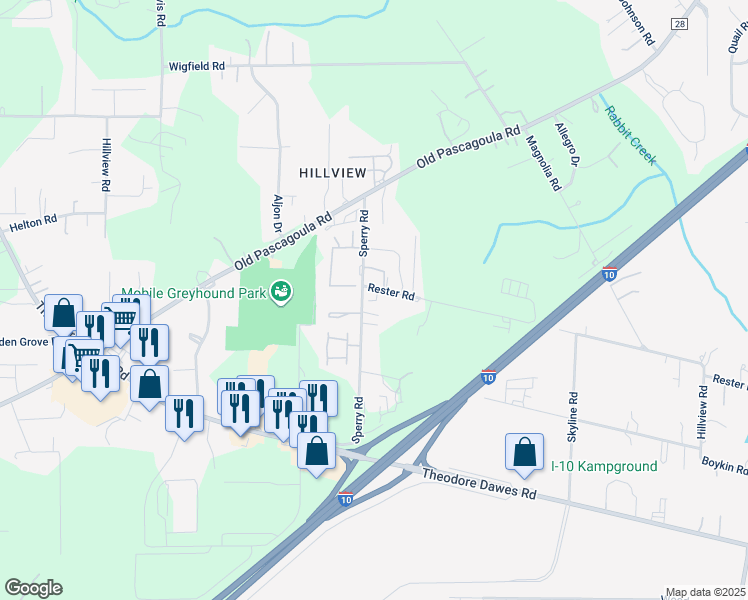 map of restaurants, bars, coffee shops, grocery stores, and more near 6871 Rester Road in Theodore