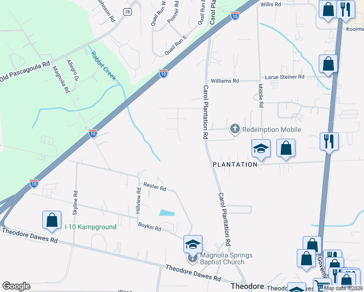 map of restaurants, bars, coffee shops, grocery stores, and more near 5800-5898 Carol Plantation Road in Theodore