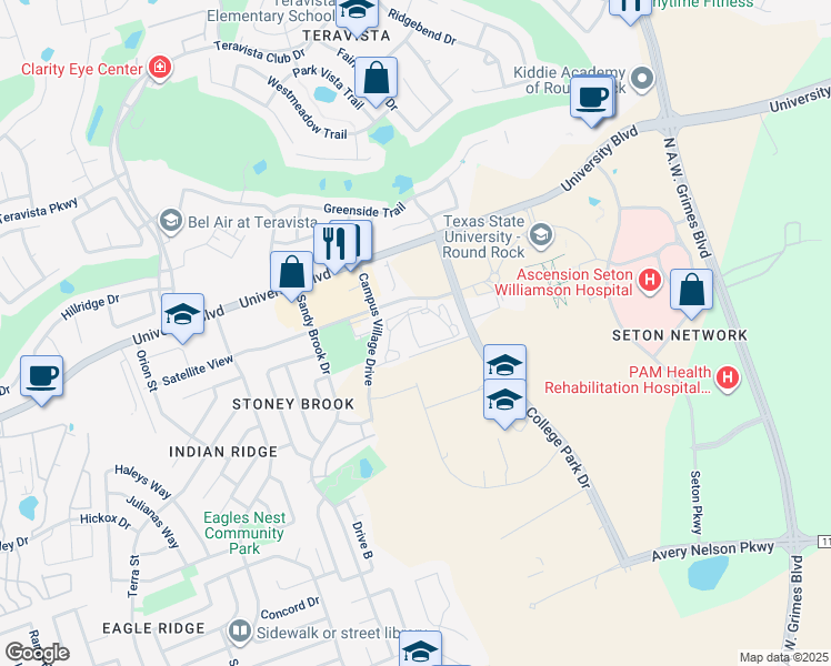 map of restaurants, bars, coffee shops, grocery stores, and more near 1401 University Boulevard in Round Rock