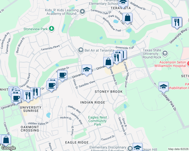 map of restaurants, bars, coffee shops, grocery stores, and more near 4010 Eagles Nest Street in Round Rock