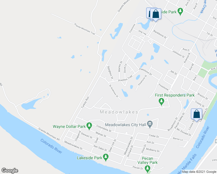 map of restaurants, bars, coffee shops, grocery stores, and more near 415 Saint Andrews Street in Meadowlakes