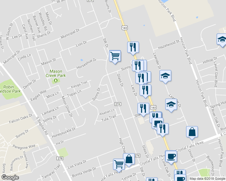 map of restaurants, bars, coffee shops, grocery stores, and more near 917 South West Drive in Leander
