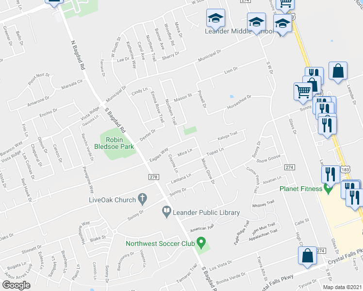 map of restaurants, bars, coffee shops, grocery stores, and more near 820 Eagles Way in Leander