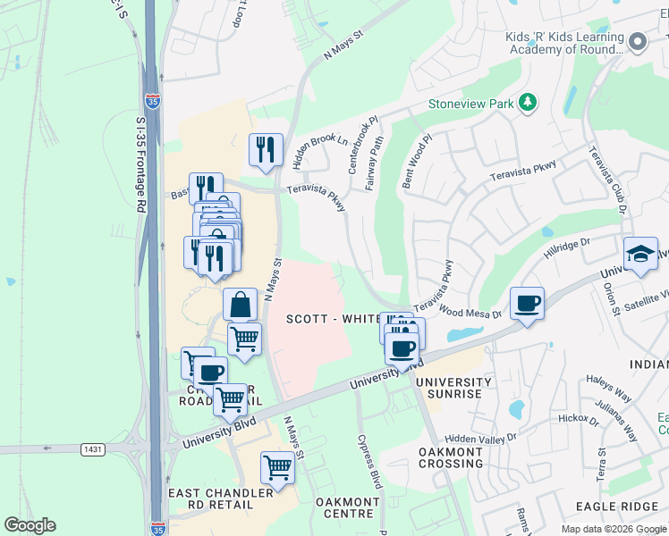 map of restaurants, bars, coffee shops, grocery stores, and more near 401 Teravista Parkway in Round Rock