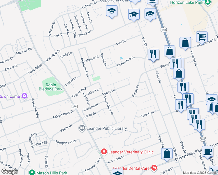 map of restaurants, bars, coffee shops, grocery stores, and more near 716 Kaluga Trail in Leander