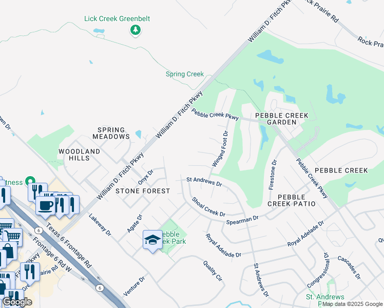 map of restaurants, bars, coffee shops, grocery stores, and more near 4600 Colonial Circle in College Station