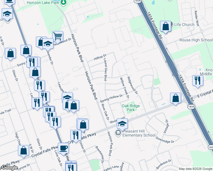 map of restaurants, bars, coffee shops, grocery stores, and more near 706 Ridge View Drive in Leander