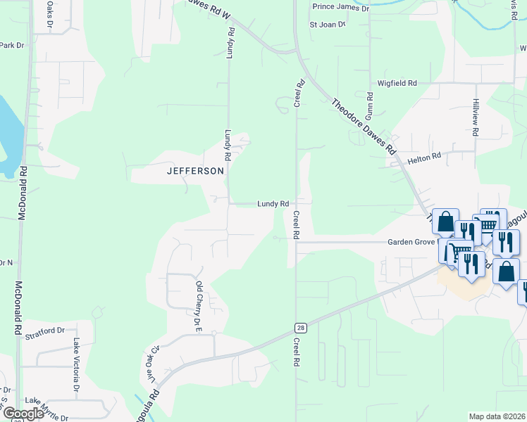 map of restaurants, bars, coffee shops, grocery stores, and more near 6090 Lundy Road in Theodore