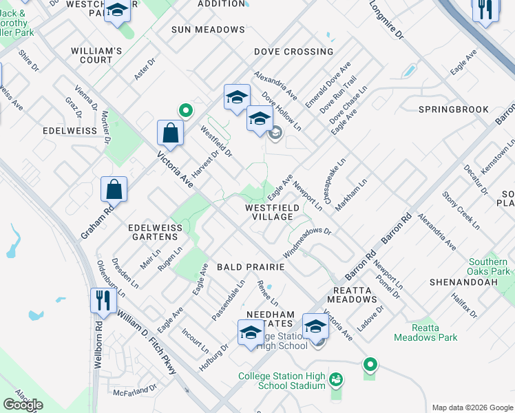 map of restaurants, bars, coffee shops, grocery stores, and more near 3817 Night Rain Drive in College Station