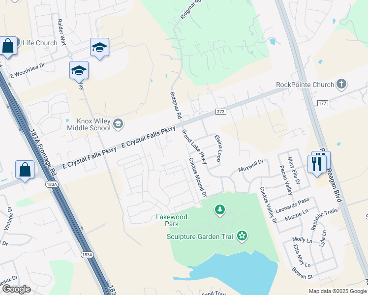 map of restaurants, bars, coffee shops, grocery stores, and more near 1717 Cactus Mound Drive in Leander