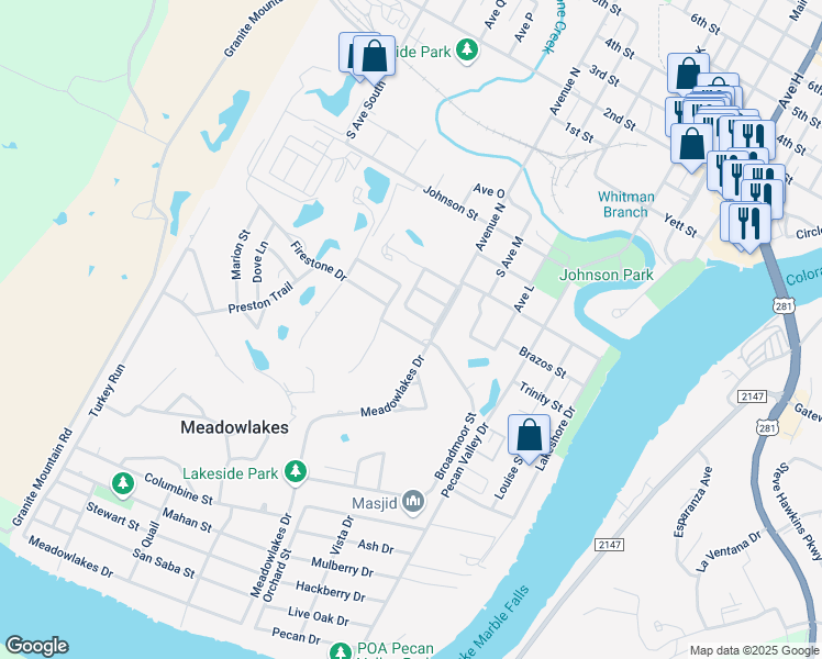 map of restaurants, bars, coffee shops, grocery stores, and more near 202 Firestone Drive in Meadowlakes