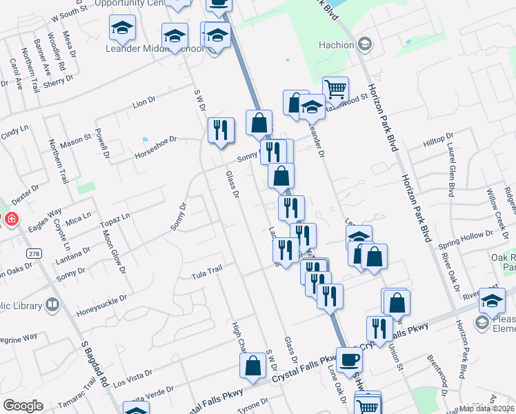 map of restaurants, bars, coffee shops, grocery stores, and more near 909 Lacy Drive in Leander