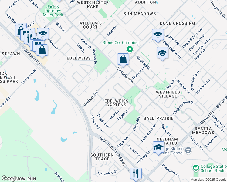 map of restaurants, bars, coffee shops, grocery stores, and more near 3706 Essen Loop in College Station