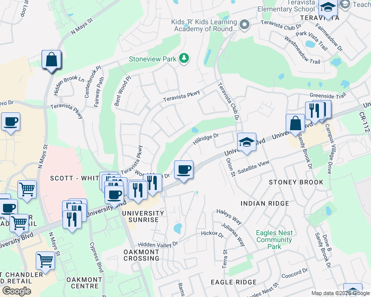 map of restaurants, bars, coffee shops, grocery stores, and more near 1117 Hillridge Drive in Round Rock