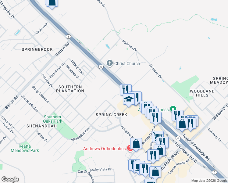 map of restaurants, bars, coffee shops, grocery stores, and more near 4201 Whispering Creek Drive in College Station