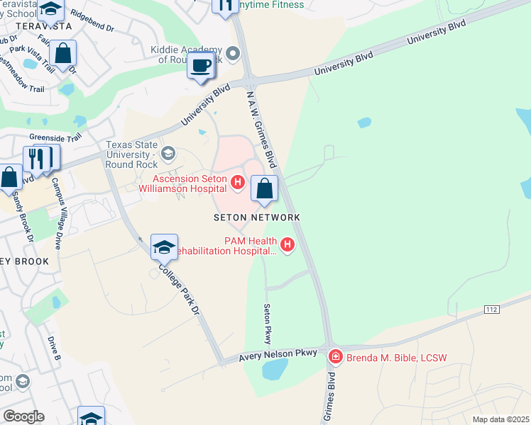 map of restaurants, bars, coffee shops, grocery stores, and more near 301 Seton Parkway in Round Rock