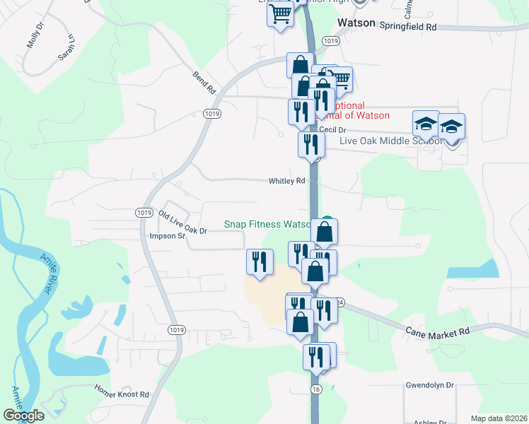 map of restaurants, bars, coffee shops, grocery stores, and more near 34287 Louisiana 16 in Denham Springs