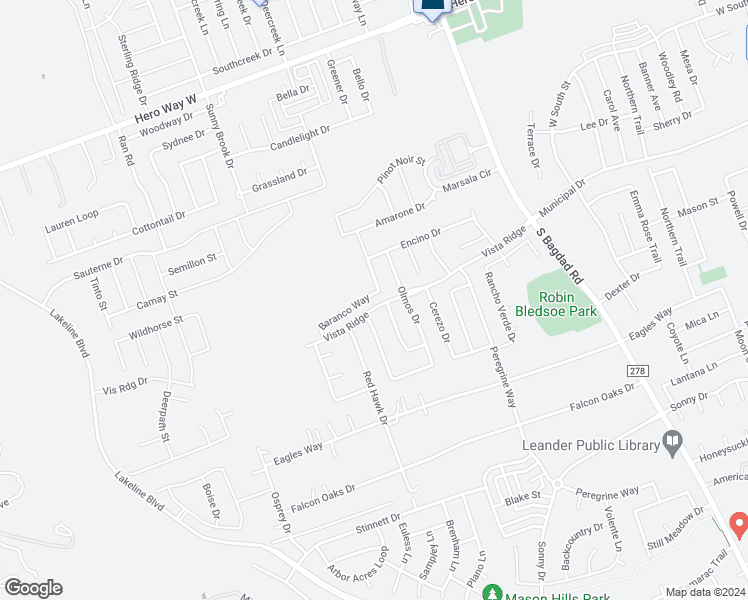 map of restaurants, bars, coffee shops, grocery stores, and more near 1804 Baranco Way in Leander